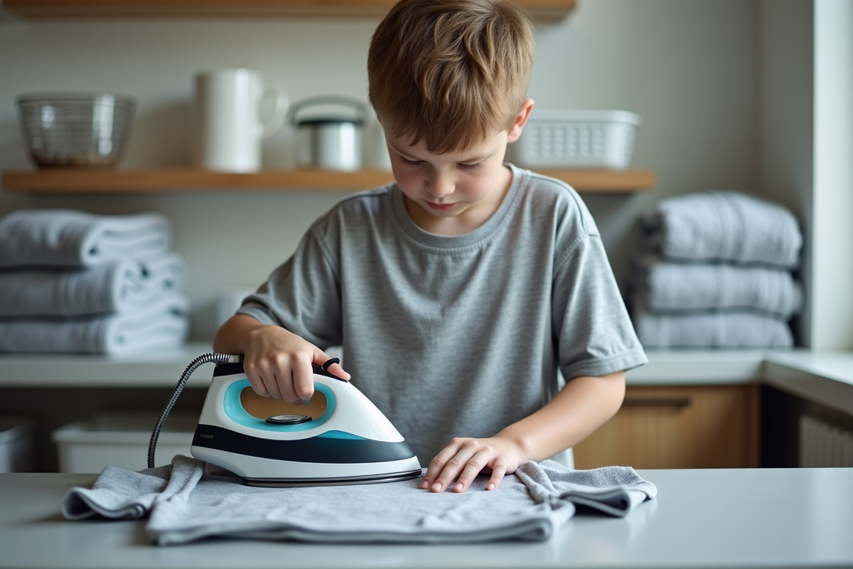 Adolescent repassant une étiquette sur un t-shirt de sport