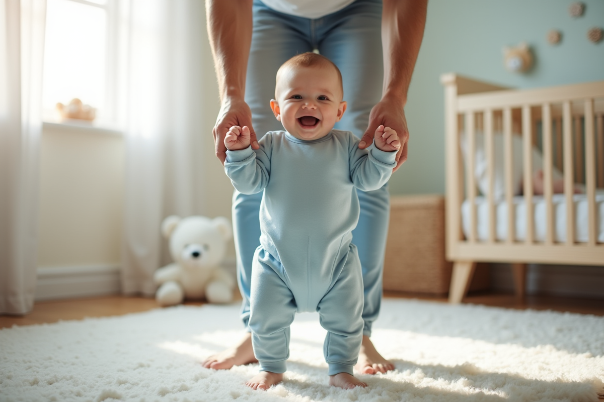 Bébé garçon de 7 mois souriant soutenu par son père dans la nurserie