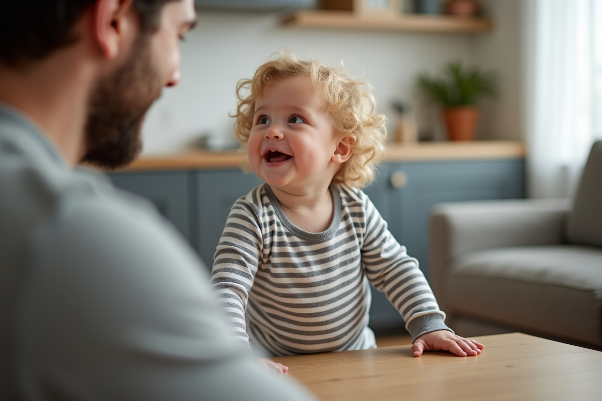 Bebe garçon de 14 mois debout avec son père dans la cuisine