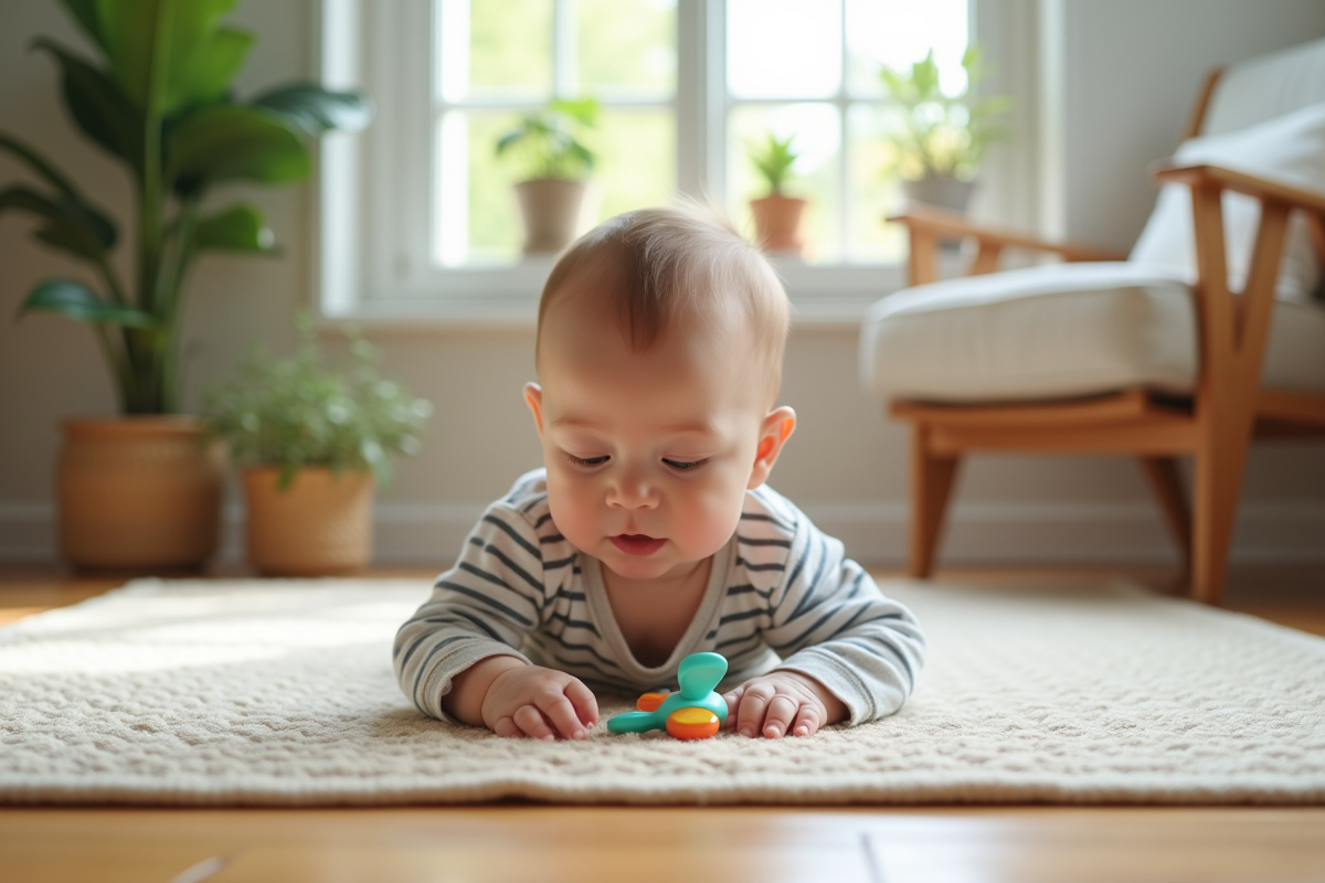 Bébé garçon de 4 mois en tummy time dans un salon ensoleille