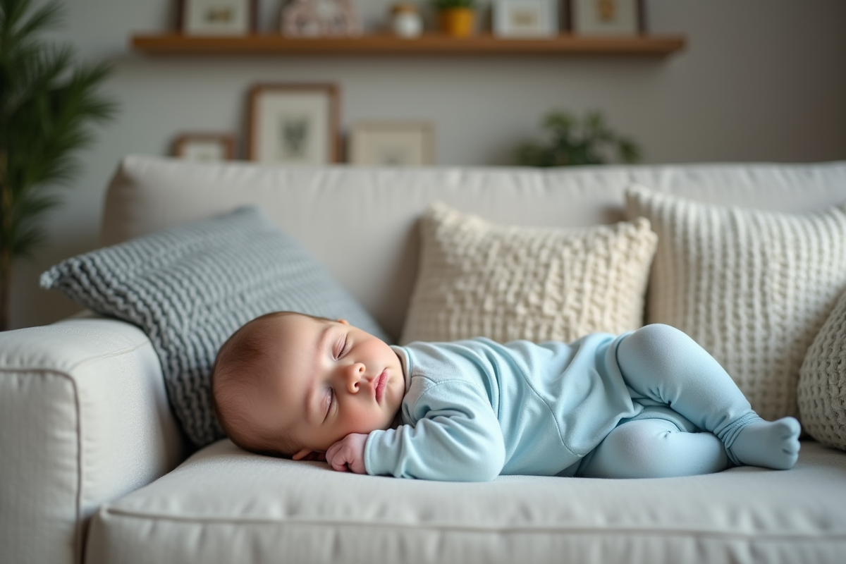 Bebe garcon de 7 semaines endormi dans un salon chaleureux