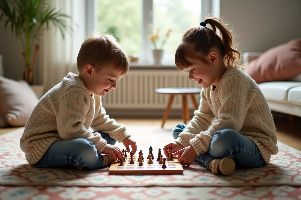 Deux enfants jouant à un jeu de société sur un tapis coloré