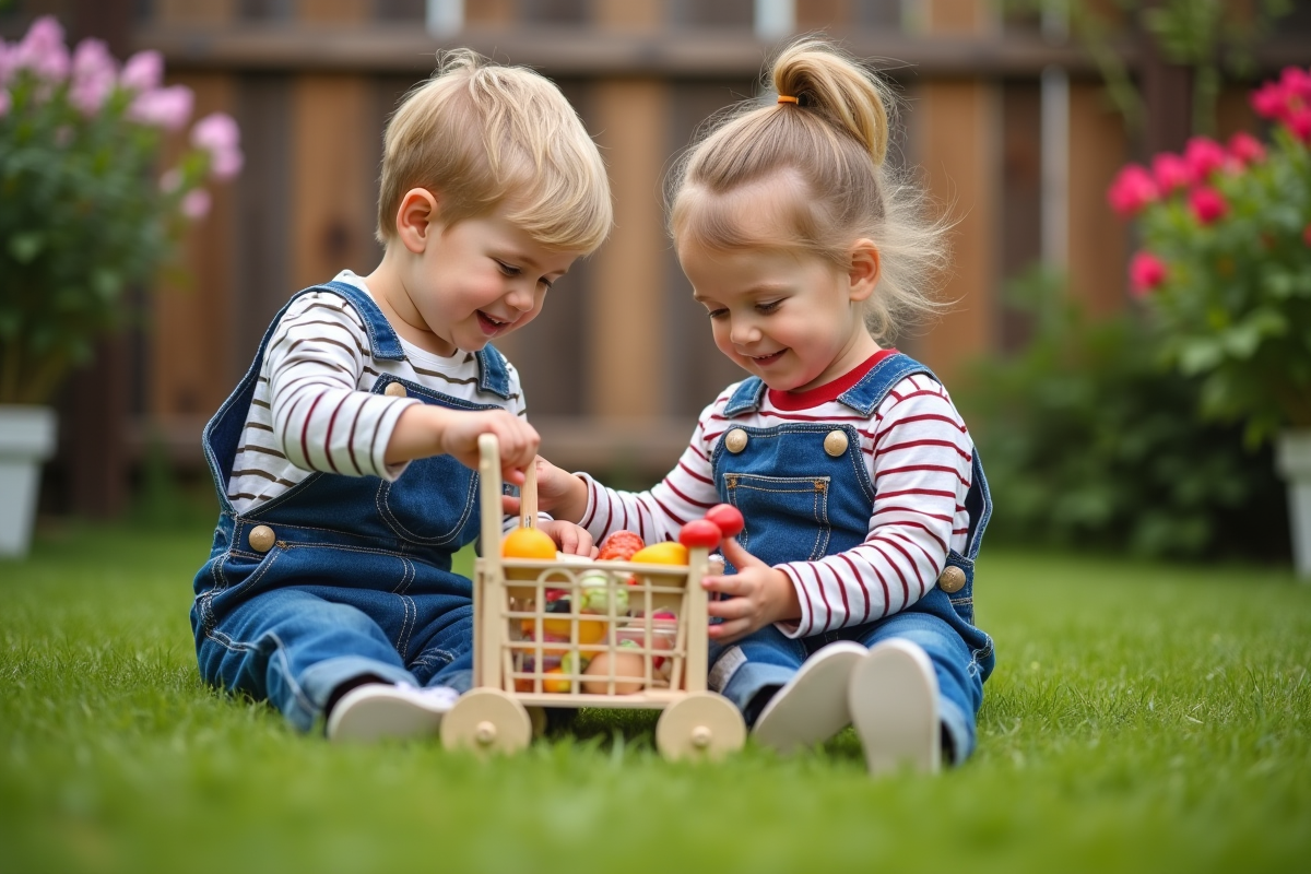 Deux enfants jouent à la marchande avec des jouets en plein air