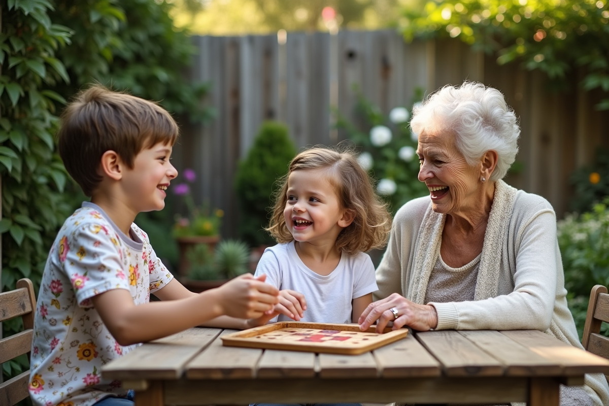Enfants et grand-mère jouant à un jeu dans le jardin