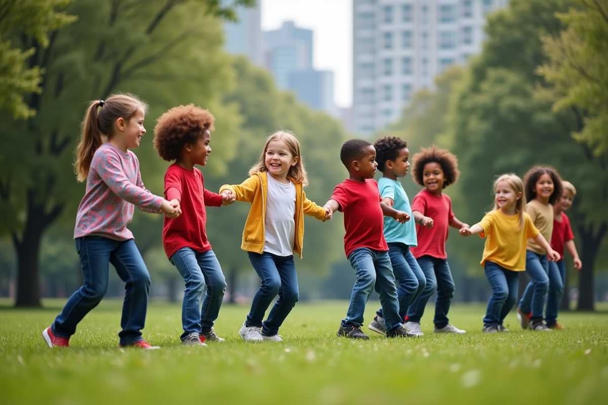 Enfants multietniques jouant dans un parc urbain ensoleille