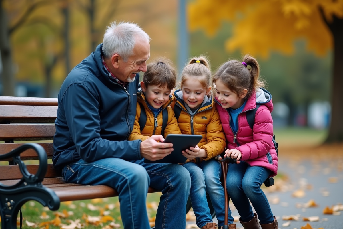Enfants partageant une tablette avec un homme âgé dans un parc en automne