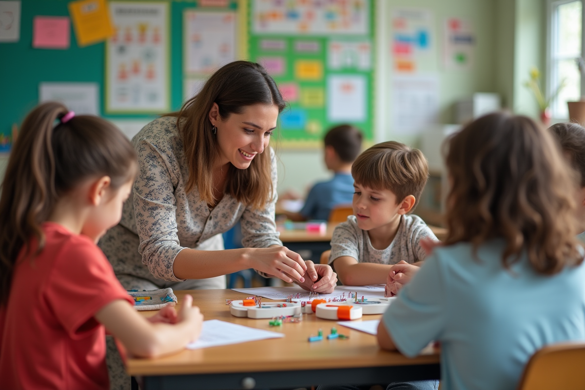 Enseignante guidant des enfants lors d une expérience scientifique