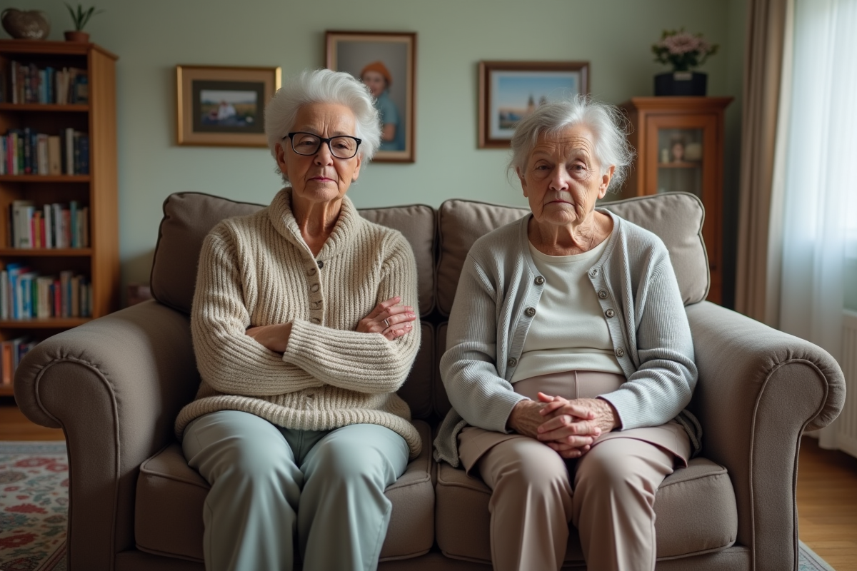 Femme et sa mère âgée assises sur un canapé en famille
