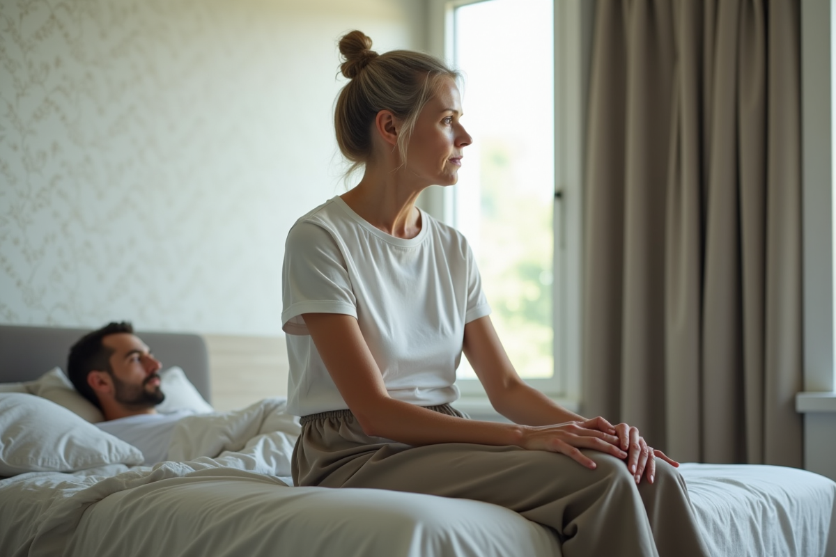 Femme assise au bord du lit dans une chambre moderne