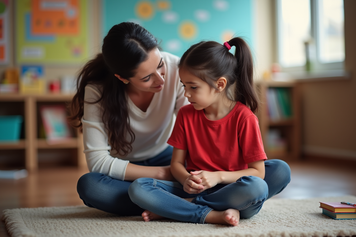 Fille de sept ans en classe avec adulte pour soutien scolaire