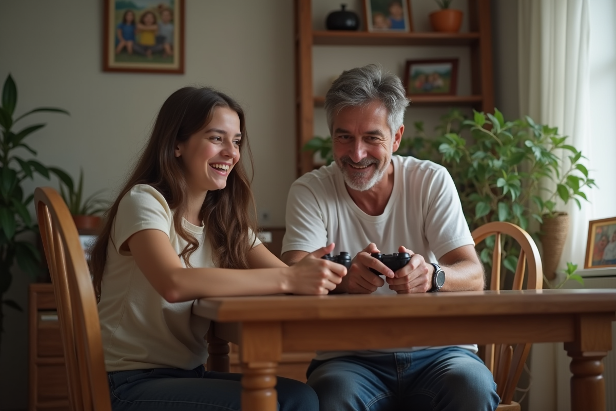 Fille adolescente montrant un jeu vidéo à son père à table
