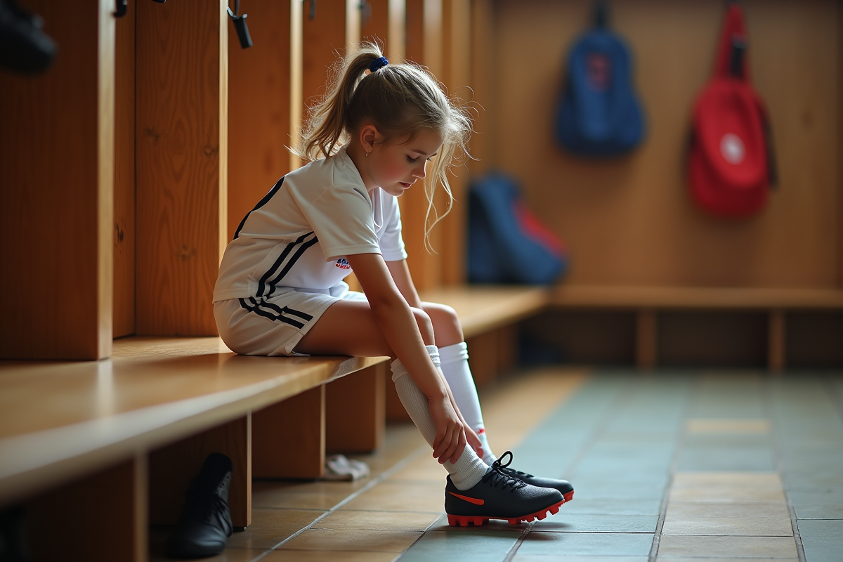 Jeune fille attachant ses chaussures de football en vestiaire
