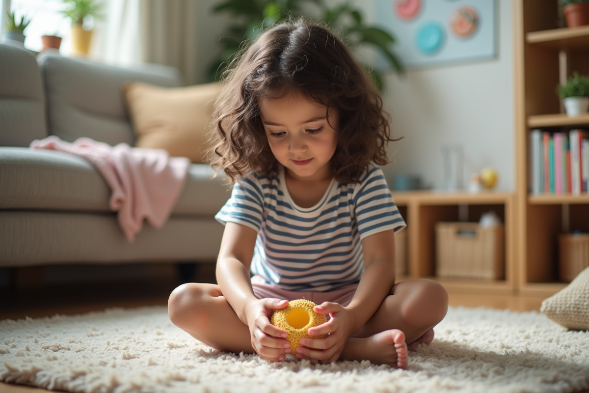 Fille de 8 ans jouant avec un jouet sensoriel dans le salon