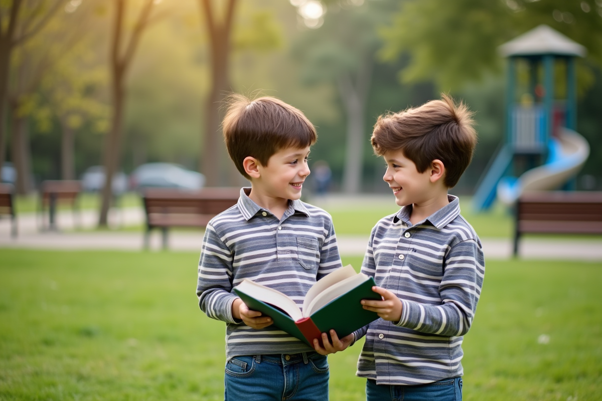 Deux frères jumeaux lisant un livre dans un parc en plein air