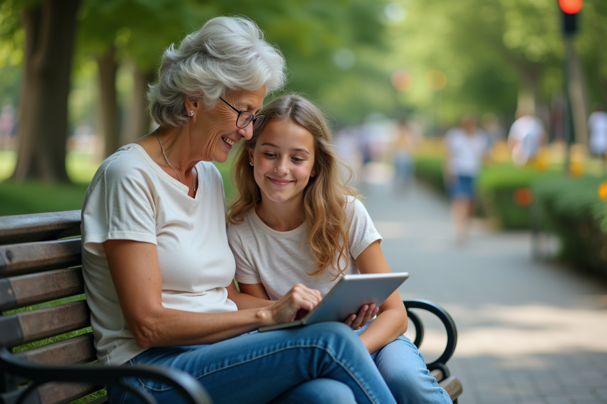 Grand-mere enseignant sa petite fille à utiliser une tablette dans un parc