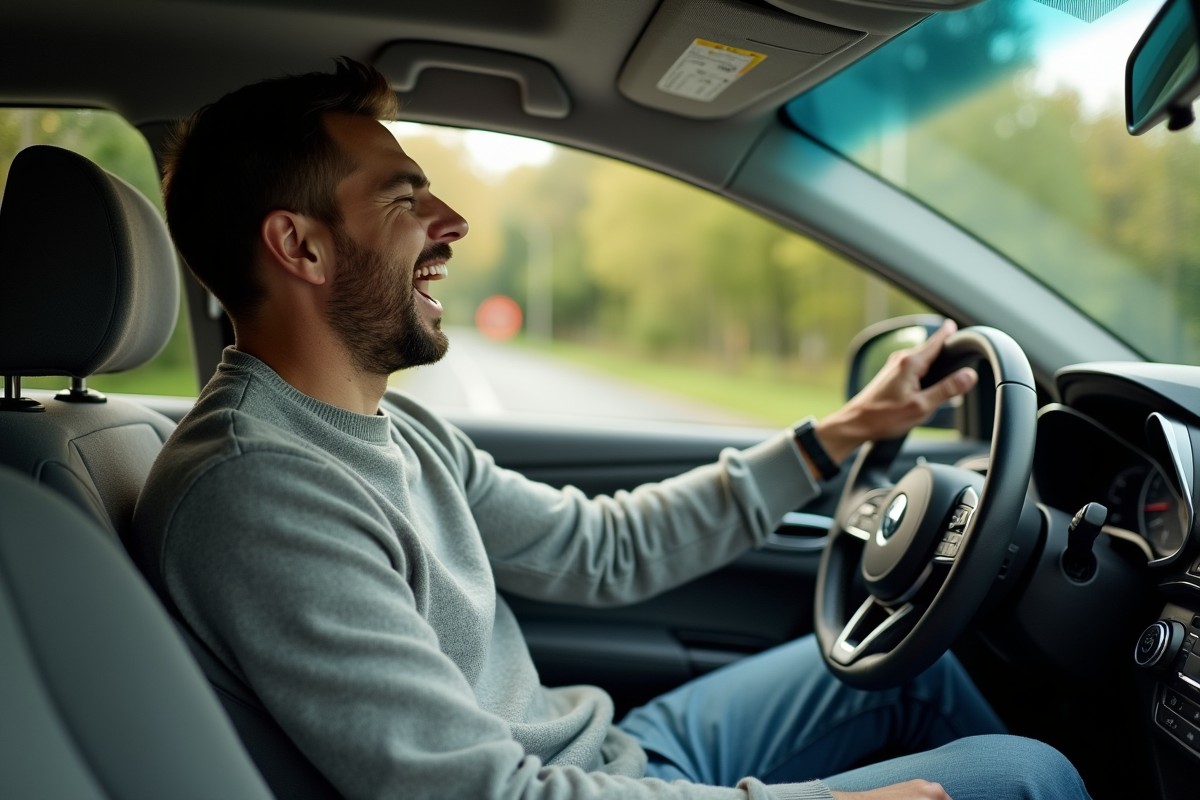 Homme en voiture chantant en conduisant avec joie