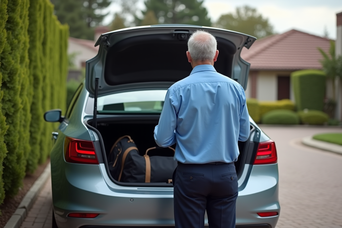Homme fermant le coffre de sa voiture devant une maison