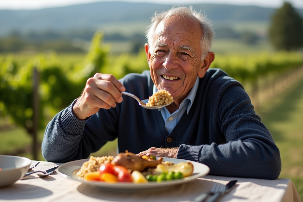 Homme âgé dégustant un repas en extérieur dans la campagne