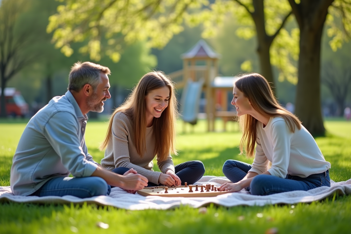 Famille jouant à un jeu de société en plein air