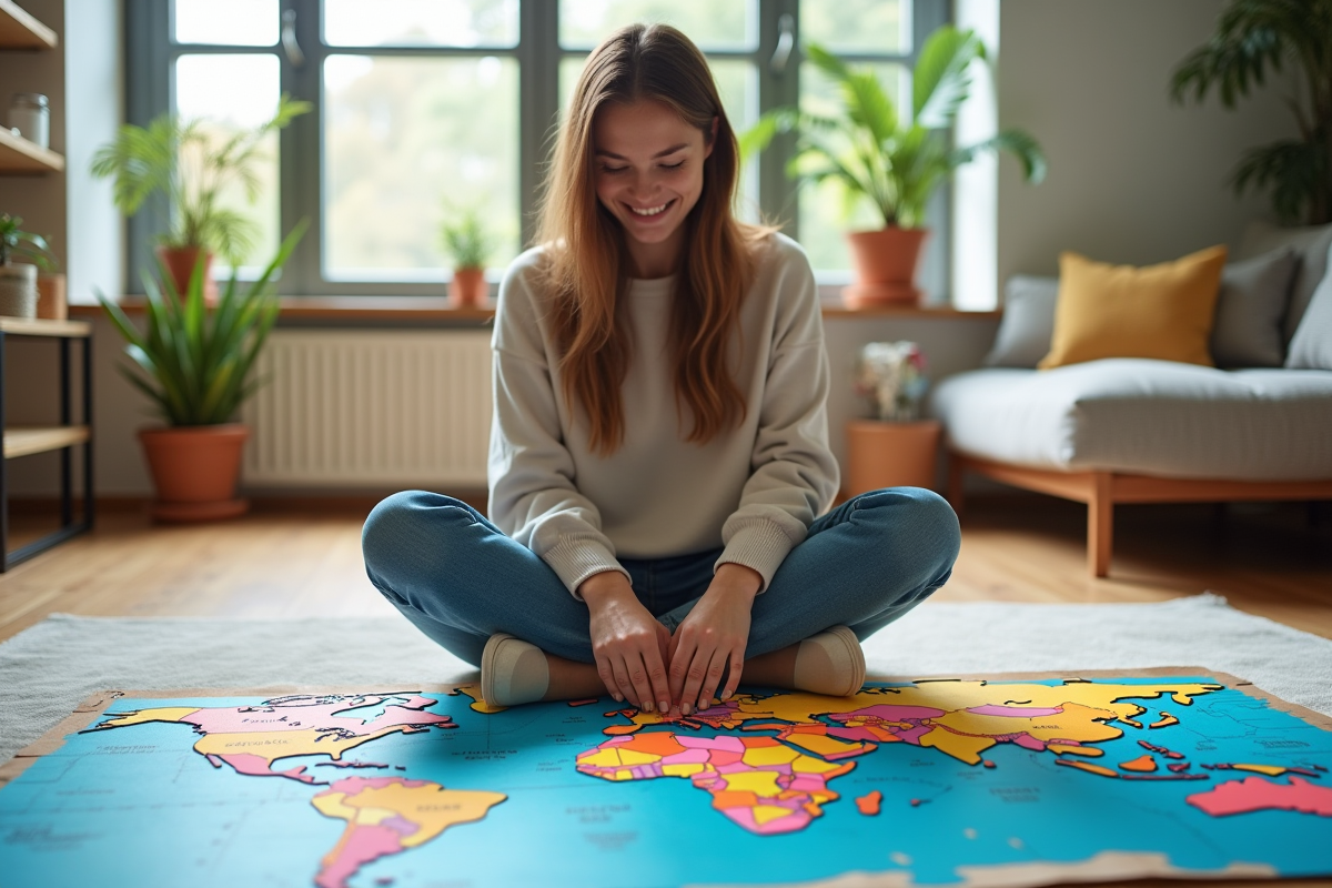 Jeune femme connecte un puzzle de carte du monde colorée