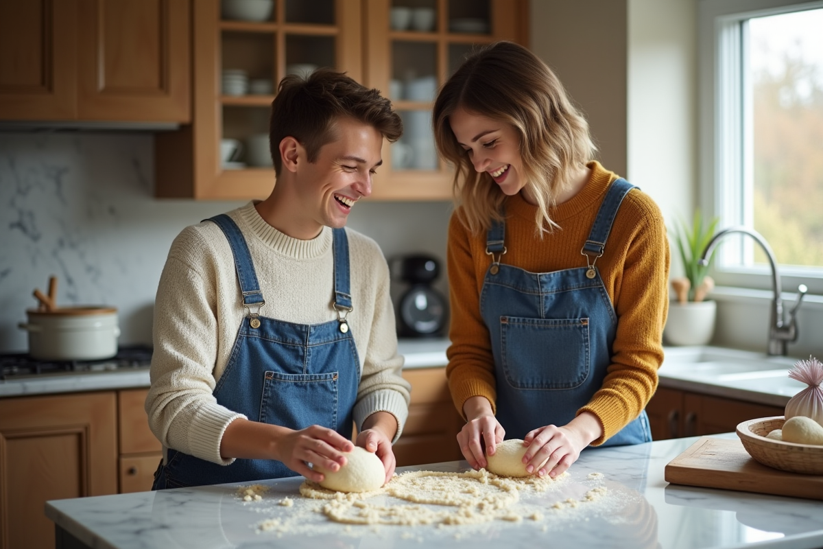 Maman et son fils en train de pâtisser dans la cuisine