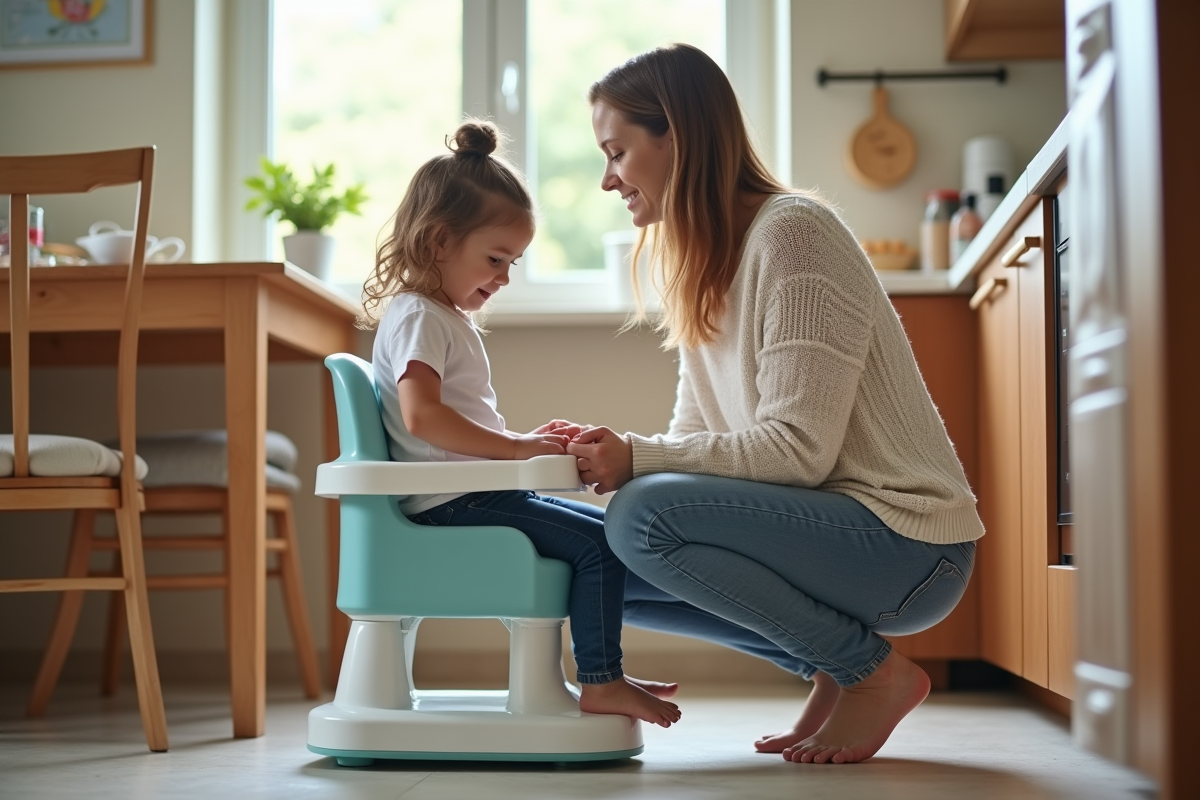 Maman installant sa fille dans un siège auto cuisine