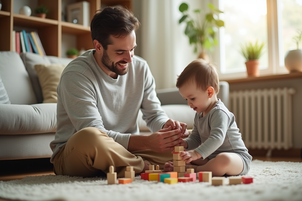 Père aide son bébé à empiler des blocs en bois dans le salon