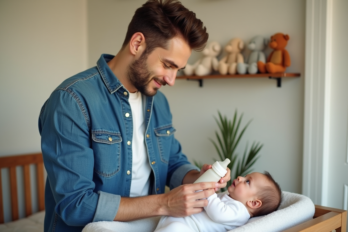 Pere préparant un biberon dans une chambre de bébé
