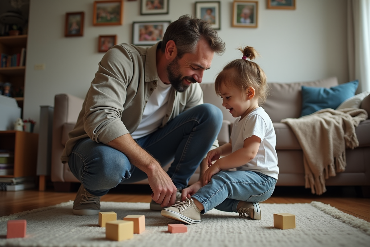 Pere attachant les chaussures de sa fille dans le salon