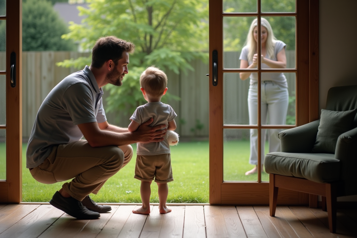 Pere et fils sur la terrasse avec une femme à la fenêtre