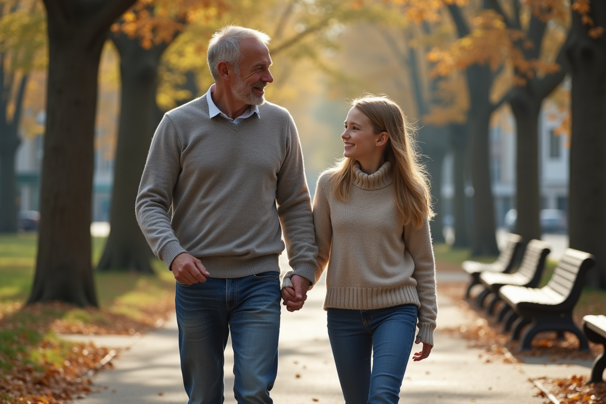 Père et fille marchant dans un parc en famille