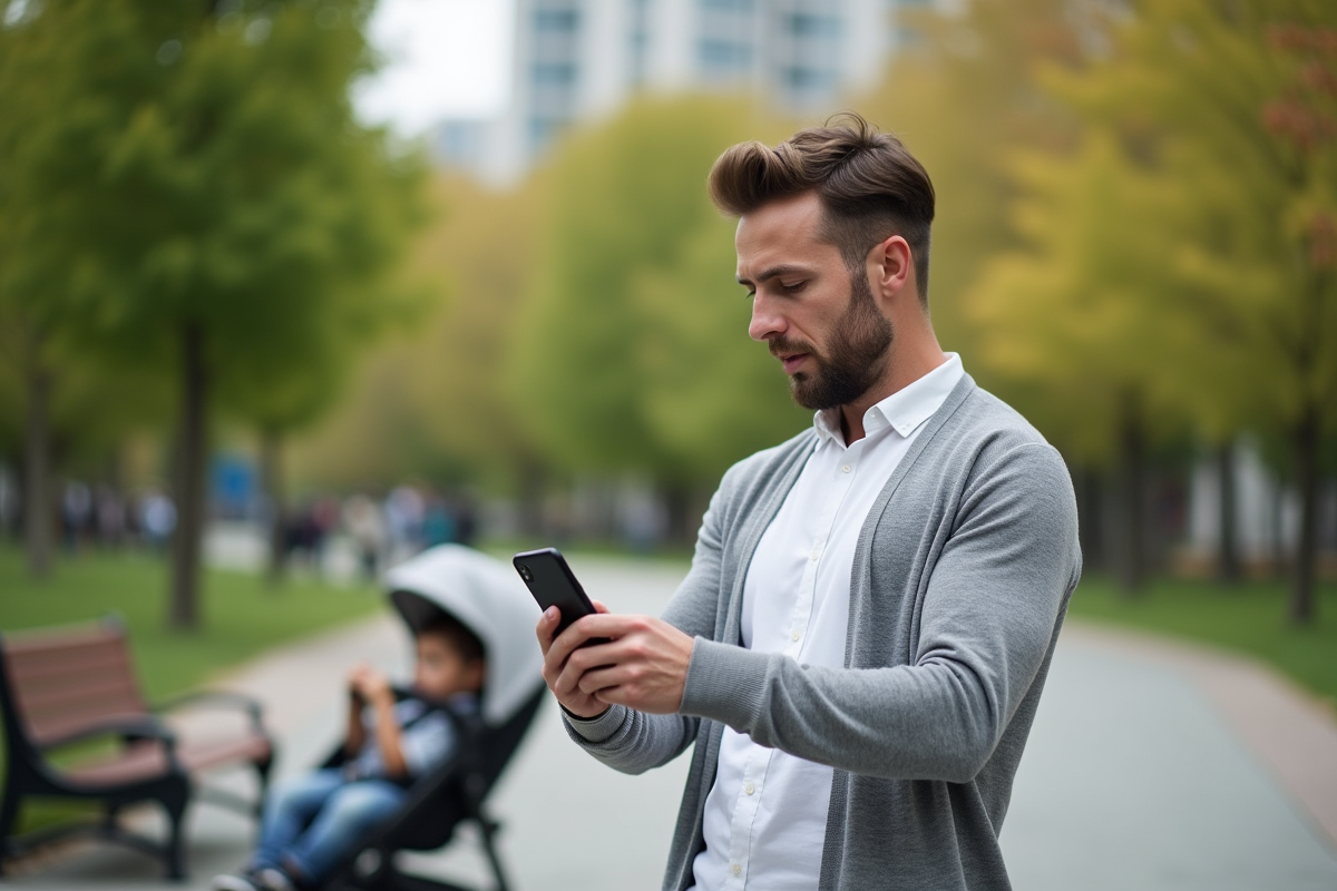 Parent filmant son enfant en poussette dans un parc urbain