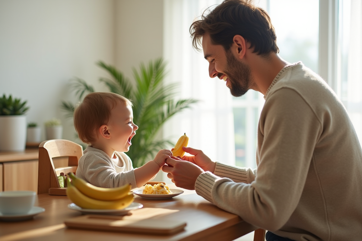 Jeune père offrant une banane à son bébé dans une salle à manger lumineuse